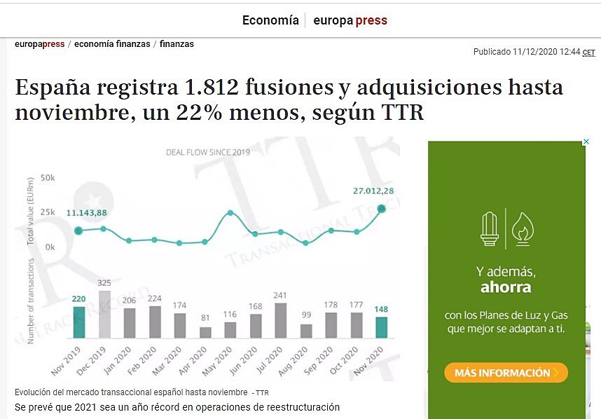 Espaa registra 1.812 fusiones y adquisiciones hasta noviembre, un 22% menos, segn TTR